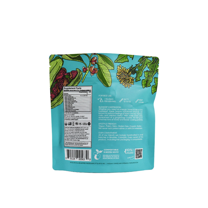 Foil plat personnalisé Matériaux biodégradables bio compostable comptable blanc kraft stand up sache de thé emballage sachet de thé