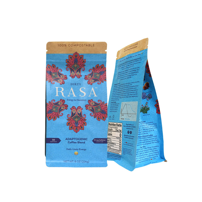Sac à café biodégradable fond plat avec une fermeture à glissière de déchirure facile