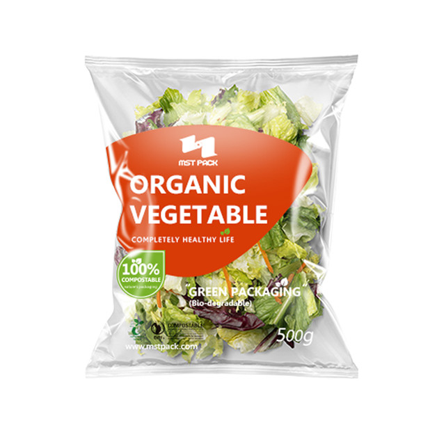Sac d'emballage vert compostable bioplastique pour salade de légumes avec barrière