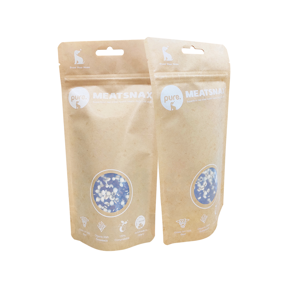 Sac de friandises pour animaux de compagnie en papier kraft Doypack 100 % compostable biodégradable/PLA