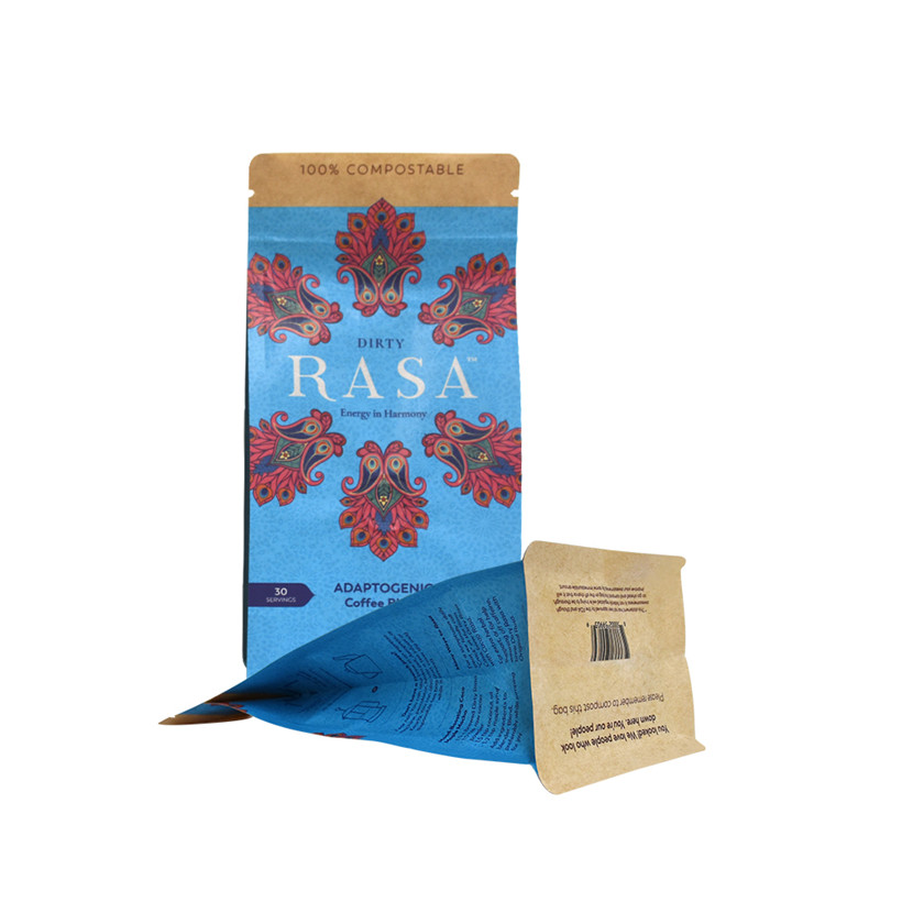 Sac à café biodégradable fond plat avec une fermeture à glissière de déchirure facile