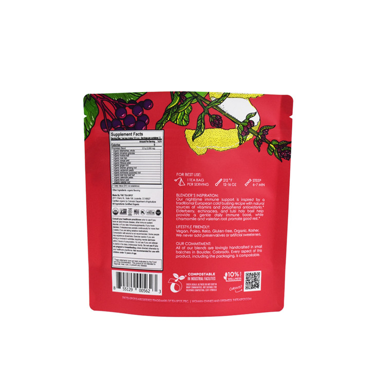 Barrière promotionnel en aluminium en aluminium compostable stand up pochet de qualité alimentaire sac d'emballage de thé