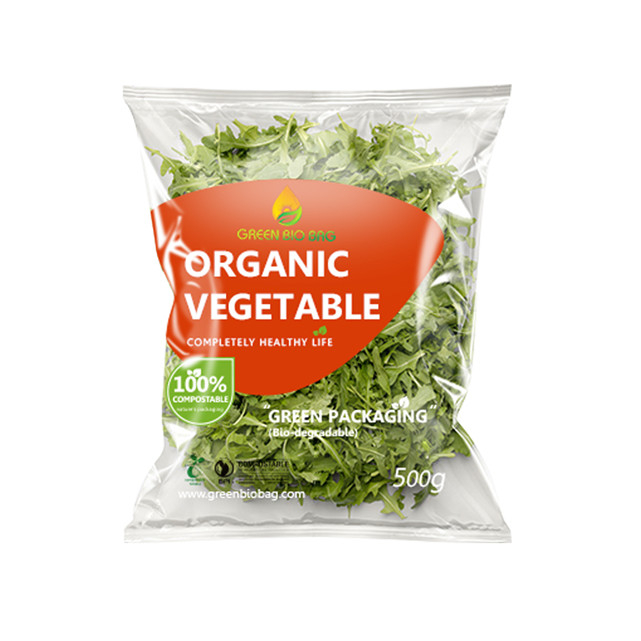 Sac d'emballage vert compostable bioplastique pour salade de légumes avec barrière